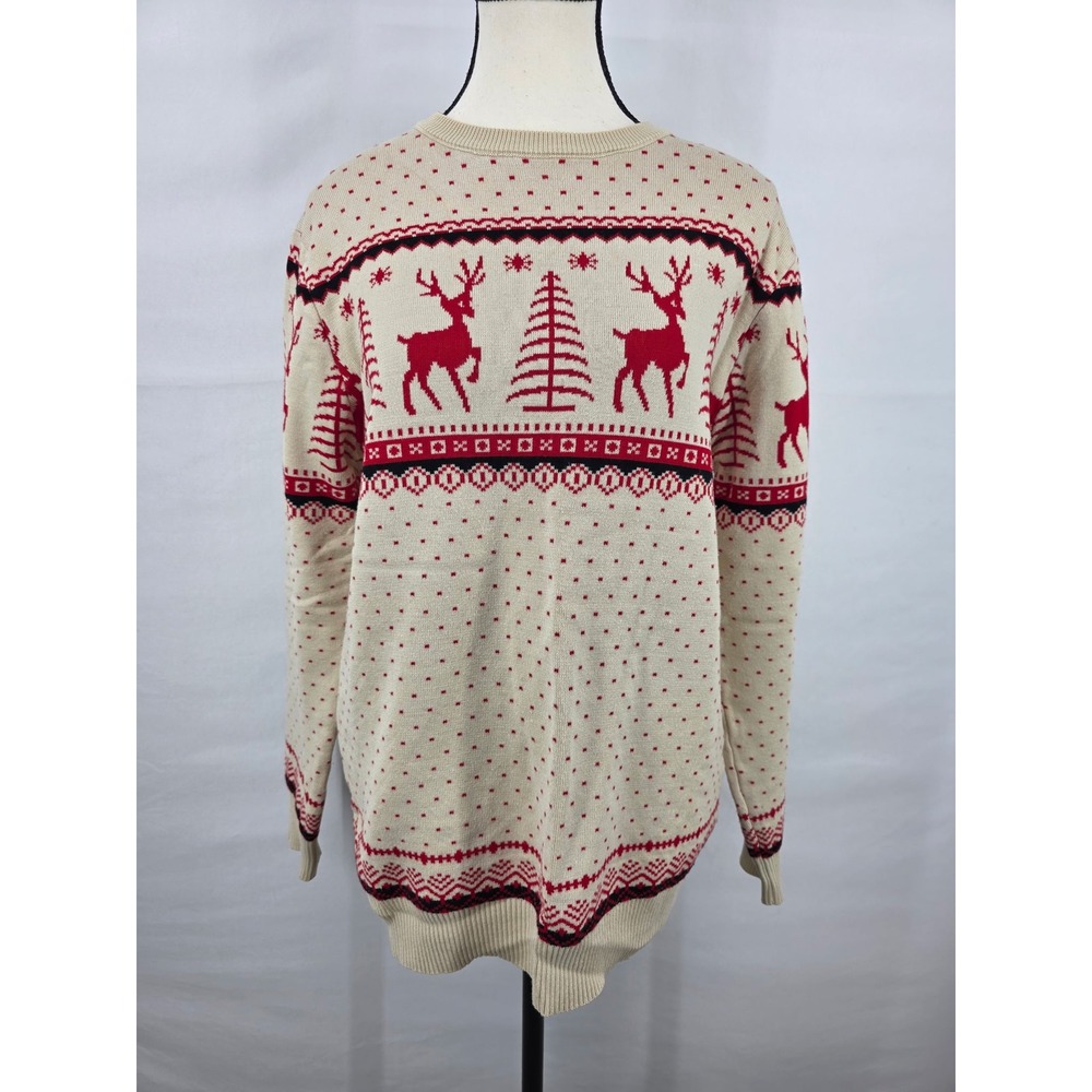 Abollria Reindeer Christmas Sweater Cream Red Fair Isle Knit Pullover Medium